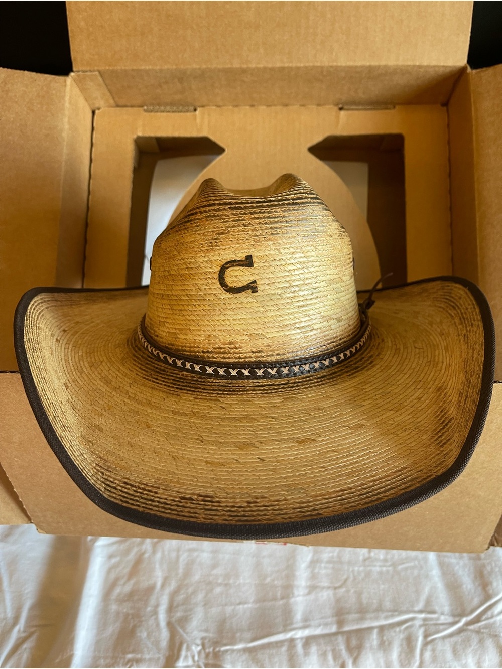 Western Straw Cowboy Hat in Tan with Branded Crown